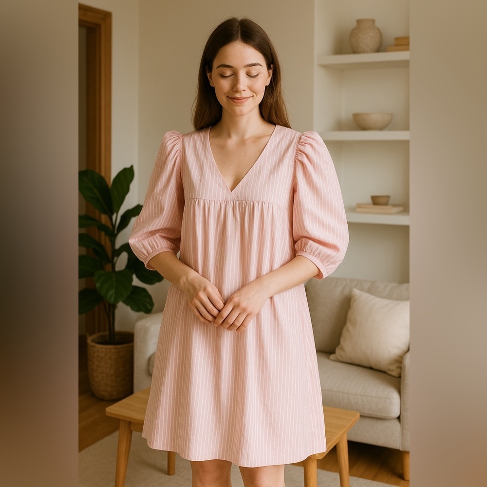 Anthropologie MABEL Romantic & Feminine Pink‎ Puff Sleeve Babydoll Dress Size M